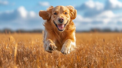 playful golden retriever leaping in lush green meadow joyful expression fur catching sunlight dynamic action shot blue sky background with fluffy clouds