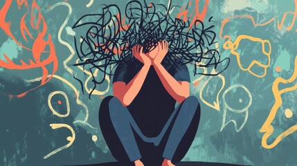 Illustration of a stressed human sitting with head in hands, surrounded by chaotic thoughts, symbolizing overthinking and anxiety. No logo, mental health concept.