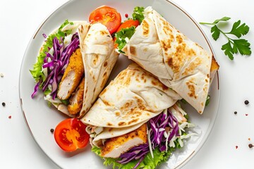 Wall Mural - chicken tenders wrap coleslaw, tomato slices, mayonnaise on white plate isolated on white, topview, overhead view 