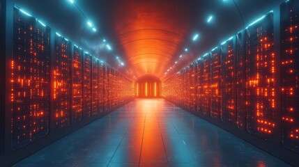 Wall Mural - quantum computer core with pulsating light patterns in sleek minimalist server room