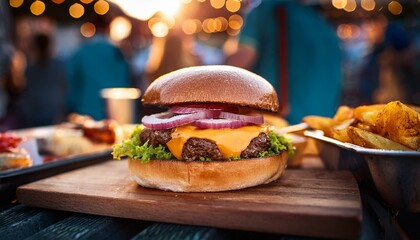 hamburger with cheese and tomato, beef patty, pickles and fries