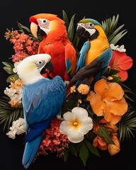 Wall Mural - Colorful Parrots Among Tropical Flowers and Foliage