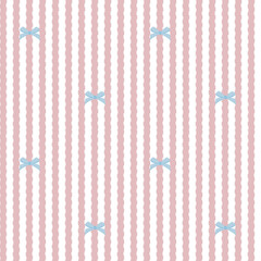 Wall Mural - Vector pattern of fabric, wallpaper, wrapping paper, mats, and bed sheets, continuous in multiple sizes and repeatable. Cute style. Vertical stripes are wavy lines, decorated with cute bows.