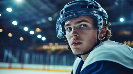 A close-up of a young male ice hockey player wearing a helmet and jersey, looking to the side with a serious expression, on an ice rink with bright lights in the background