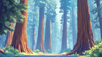 Poster - Sequoia giant sequoias with a misty light blue background water color, cartoon, animation vibrant. Giant Redwood Trees. Illustration