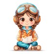 © vilaiporn - Cute cartoon girl wearing aviator goggles enjoys reading a book, representing adventure and imagination for children.