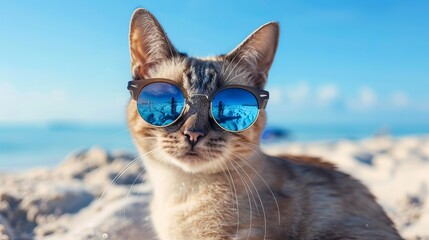 Portrait of a stylish cat with blue eyes wearing sunglasses at the beach, perfect for summer-themed animal wallpapers, fun pet photography, and cool feline-inspired visuals for creative design project