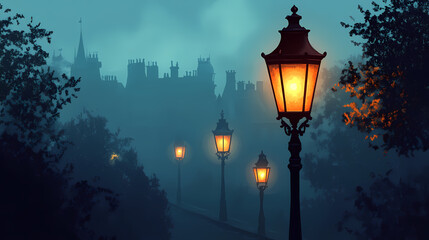 Wall Mural - street lamp with light glowing in the night. victorian street lights on foggy background. evening ci