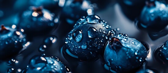 Macro photo of a wet blueberry with water droplets.