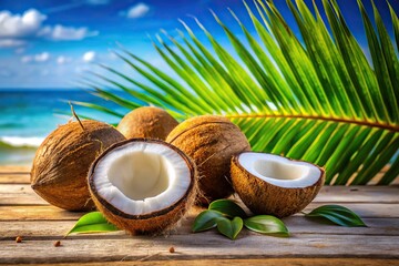 Tropical background with a bunch of coconuts, one cut open, with depth of field effect