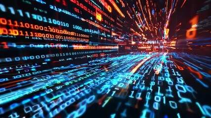 Fast-moving digital data streams in a vibrant, futuristic display, 4K video