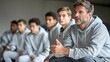© Sara_P - A football coach in a tactical meeting pointing at a strategy board focused expression players sitting around intense team discussion in the locker room