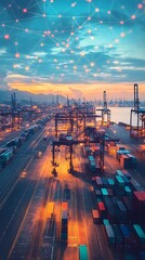 A vibrant image of a shipping port at sunset, showcasing a vast network of interconnected dots and lines above, representing global trade and interconnectedness.