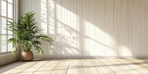 Wall Mural - Bright Vertical Wooden Wall with Plant in Interior Space