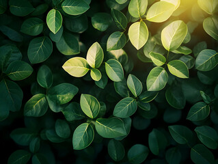 Top view of vibrant green leaves illuminated by sunlight, creating a serene and refreshing atmosphere.