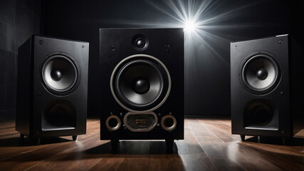 High-quality sound system with three speakers in a modern setup, perfect for audiophiles and music lovers.