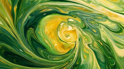 Wall Mural - Abstract, swirled paint effect in shades of green and yellow