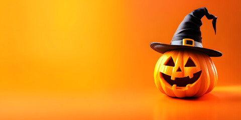 Halloween background with pumpkin wearing a witch with copy space for text