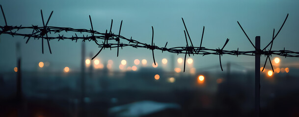 Wall Mural - an industrial scene, with barbed wires and city lights in the distance, overcast sky,