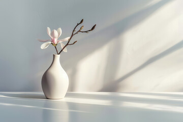 A simple ceramic vase on an empty table top holding two blooming magnolia branches, minimalist style.