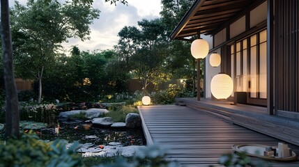 Photograph of a Japanese style house featuring a combination of traditional tatami rooms and modern architectural elements  The house boasts a wooden porch paper lanterns