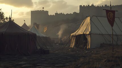 Wall Mural - War camp with tents, fortifications, castle encampment for battle preparation in medieval times. generative ai. Medieval Battle. Illustration
