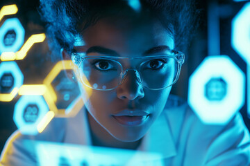 A cinematic shot of an attractive female African American biology scientist wearing glasses and a white lab coat with blue lighting in the background.