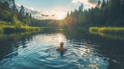 Wall Mural - A man swims in a still lake at sunset with a forest in the background.