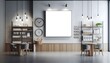 © Татьяна Лесогор - An empty billboard on the wall in the room. A copy of the space for your advertisement, layout.