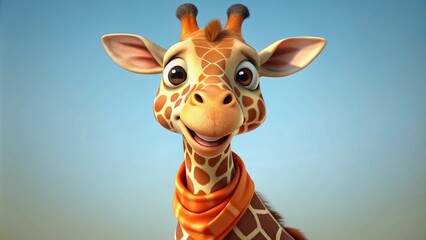 A playful giraffe stands tall, her bright smile and striped neckerchief capturing her joyful spirit with effortless