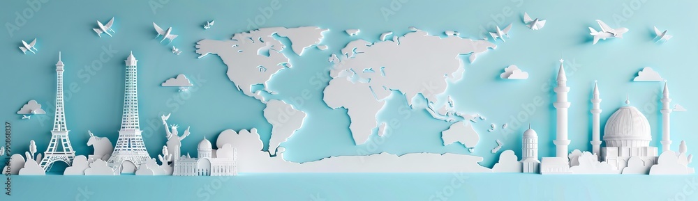 World famous landmarks made of paper cut, white buildings on light blue ...