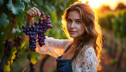 enchanting vineyard sunset with a beautiful young woman holding a bunch of grapes