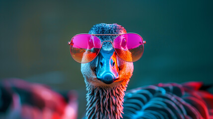 Funky goose with modern sunglasses in front of a neon background