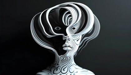 surreal black and white optical illusion showcasing wavy lines creating a mesmerizing human face, ideal for digital art projects and innovative installations