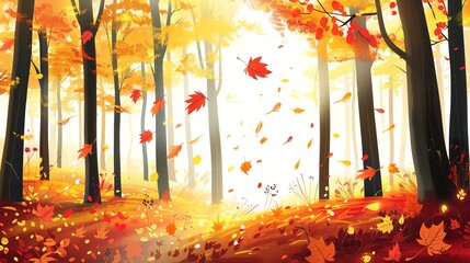 Sticker - A digital painting of an autumn forest with leaves falling from the trees.