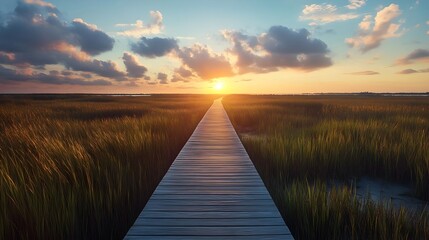 Tranquil wooden boardwalk guiding the viewer s gaze through a serene coastal marshland leading to a picturesque sunset over the horizon  The scene evokes a sense of peace