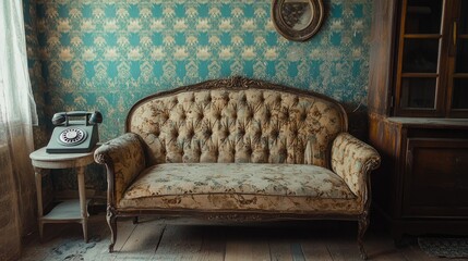 An old, worn couch set against a retro backdrop with patterned wallpaper, a rotary phone, and vintage decor, radiating nostalgia.