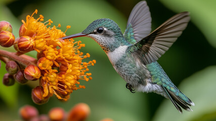 Hummingbird feeding on vibrant orange flower nectar in mid-flight. Concept of nature, pollination, and wildlife