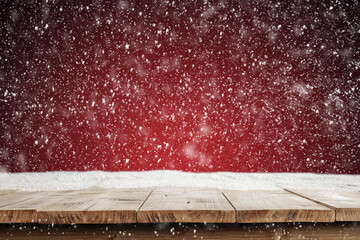 Wall Mural - Wooden table with empty copy space and red christmas background with snowflakes