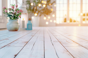 Poster - The warm glow of sunset fills a cozy interior with a wooden floor, adorned with a vase of flowers and soft lighting from candles and decorative objects