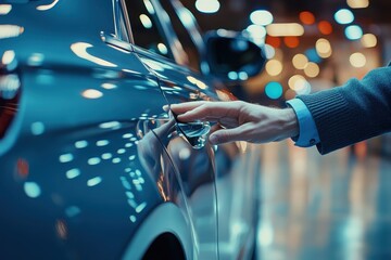 A hand reaching for a car door handle in a brightly lit environment.