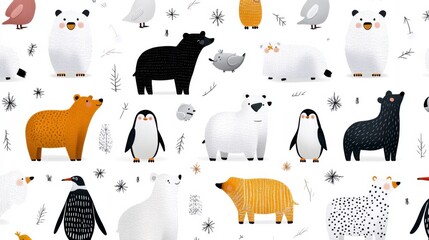 Playful illustration featuring various cute animals in a whimsical style, perfect for children's decor or fun designs.