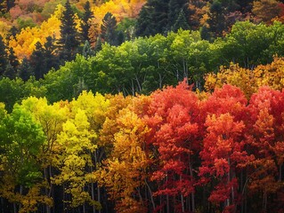 A vibrant autumn forest with trees displaying a spectrum of colors from green to gold to red captured in high detail and warm vibrant hues