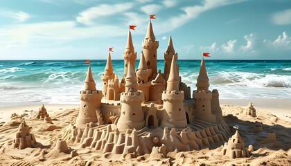 Festive Sandcastle on a Sandy Beach with Expansive Copy Space