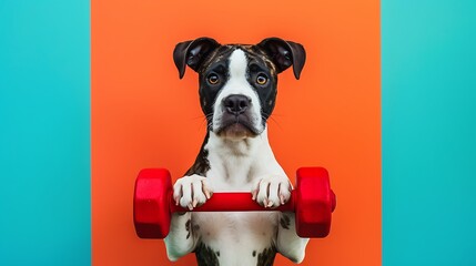 Wall Mural - Adorable dog holding a red dumbbell in the middle on a colorful turquoise and orange background