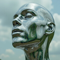 Chrome Head Sculpture Against Sky