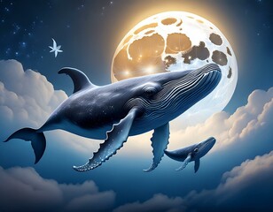 Two whales fly through the sky, one large and one small, in front of a large moon with a glowing surface.