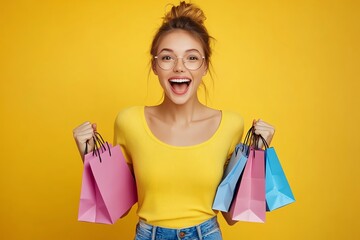 A young woman with a joyful expression holds multiple shopping bags in front of a yellow background.