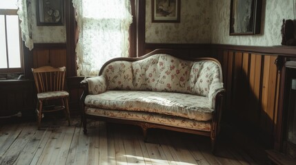 Faded couch in a quaint, old-fashioned room, with wooden floors, nostalgic decor, and a soft, inviting light that exudes comfort.