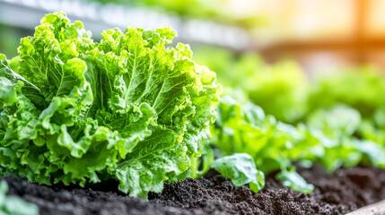 Freshly Grown Lettuce: A closeup of vibrant green lettuce, showcasing its fresh, healthy leaves and the promise of a bountiful harvest.  The image is set against a backdrop of fertile soil.